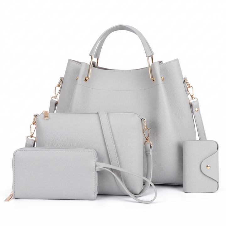 4 Piece Handbag and Purse Set, Bucket Bag with Crossbody Bag, Wristlet and Card Holder, Gift for Her — Light Grey