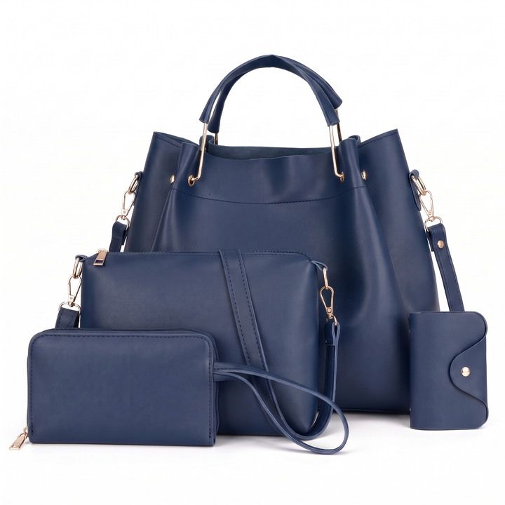 4 Piece Handbag and Purse Set, Bucket Bag with Crossbody Bag, Wristlet and Card Holder, Gift for Her — Navy Blue