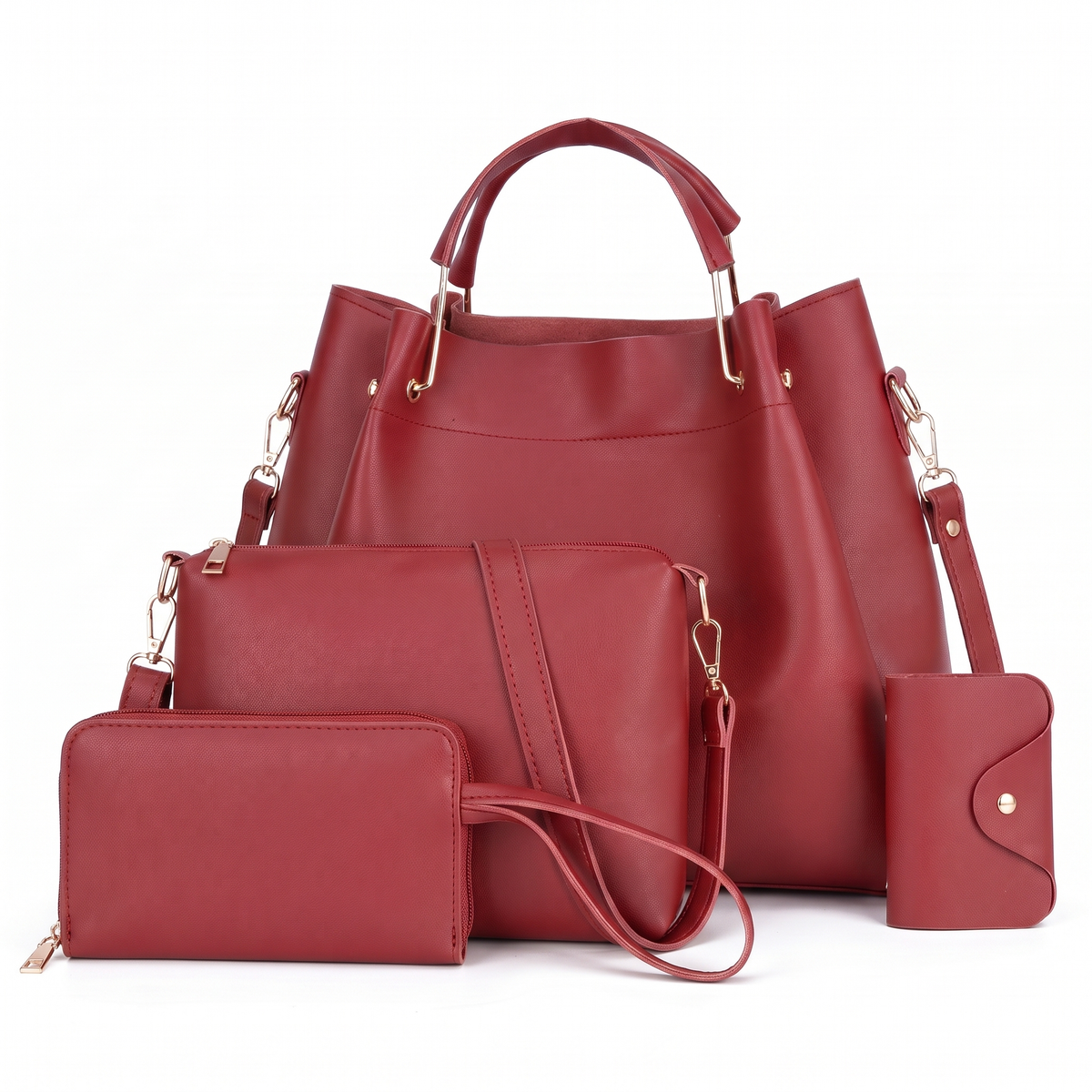 Women's 4 Piece Handbag and Purse Set, the whole set in Red