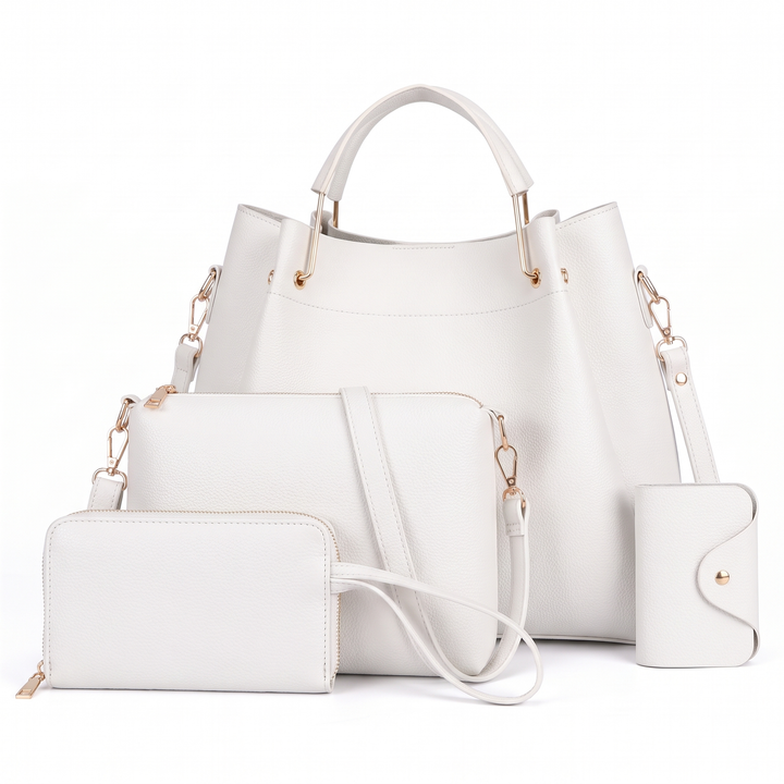 4 Piece Handbag and Purse Set, Bucket Bag with Crossbody Bag, Wristlet and Card Holder, Gift for Her — White