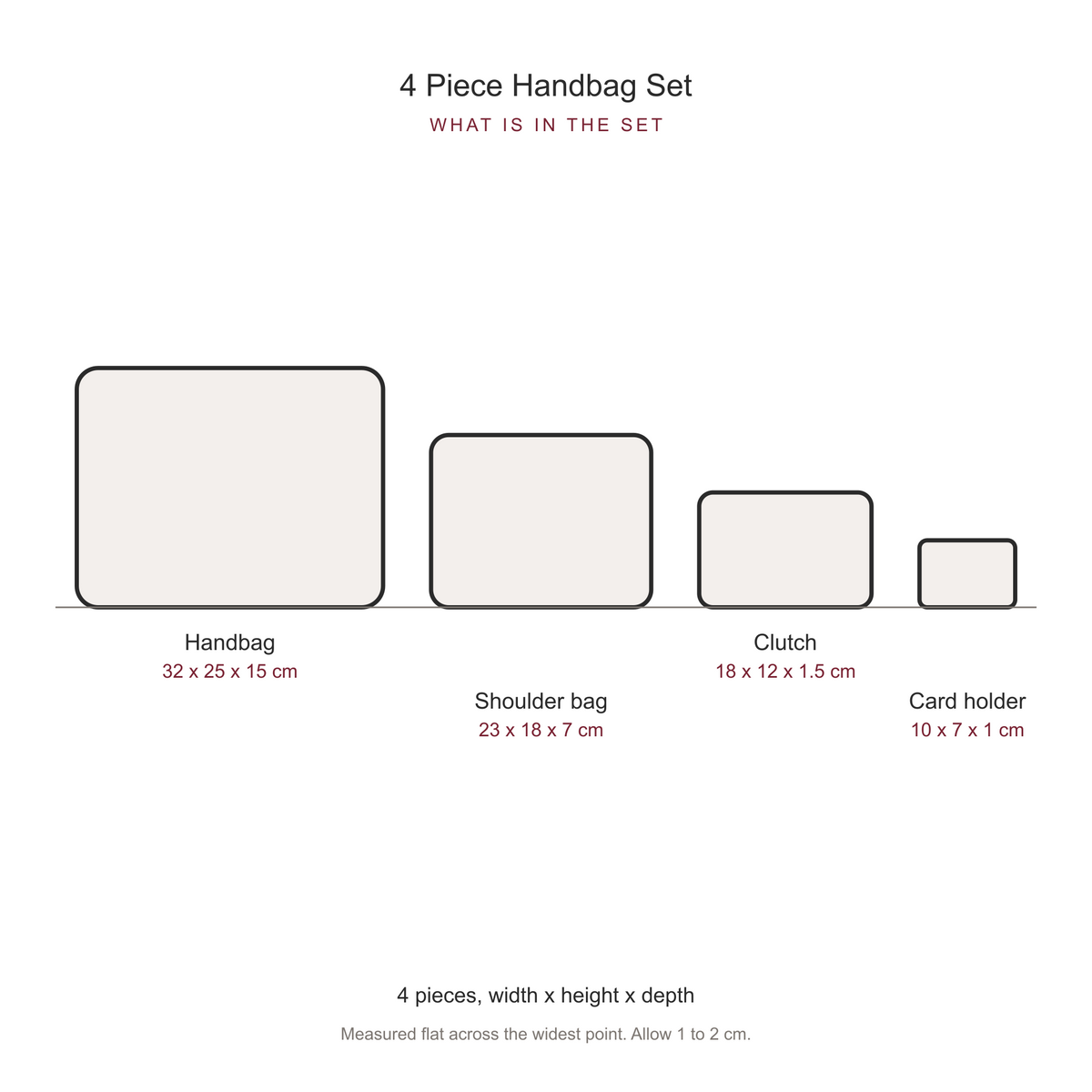 Women's 4 Piece Handbag and Purse Set, dimensions