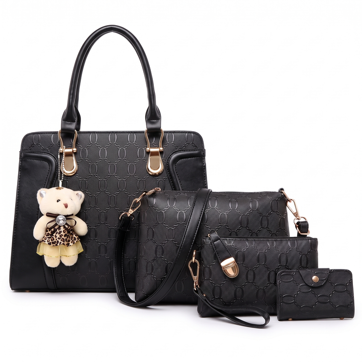4 Piece Handbag and Purse Set, Top Handle Bag with Shoulder Bag, Clutch and Card Holder, Gift for Her — Black