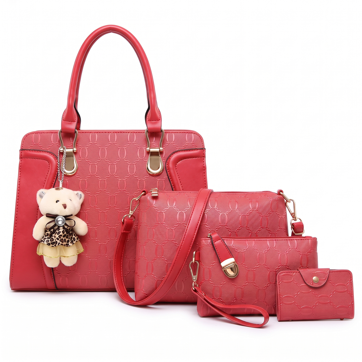 Women's 4 Piece Handbag and Purse Set, the whole set in Red