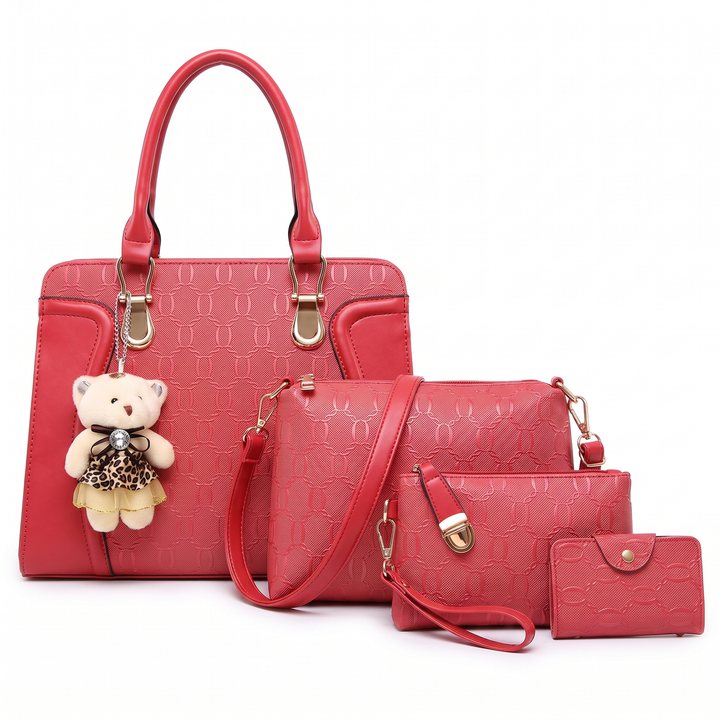4 Piece Handbag and Purse Set, Top Handle Bag with Shoulder Bag, Clutch and Card Holder, Gift for Her — Red