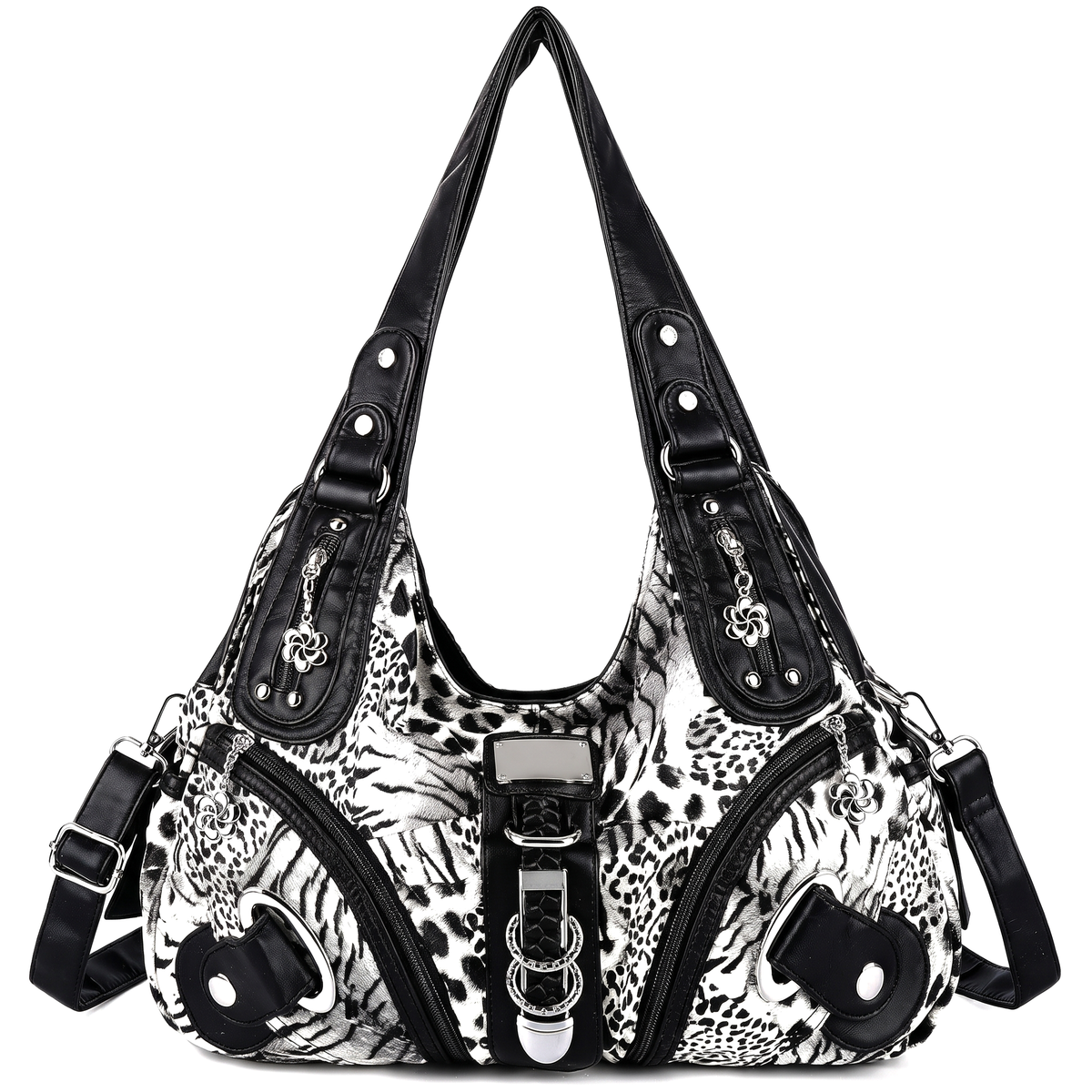 Women's Animal Print Vegan Leather Hobo Bag in Black Leopard