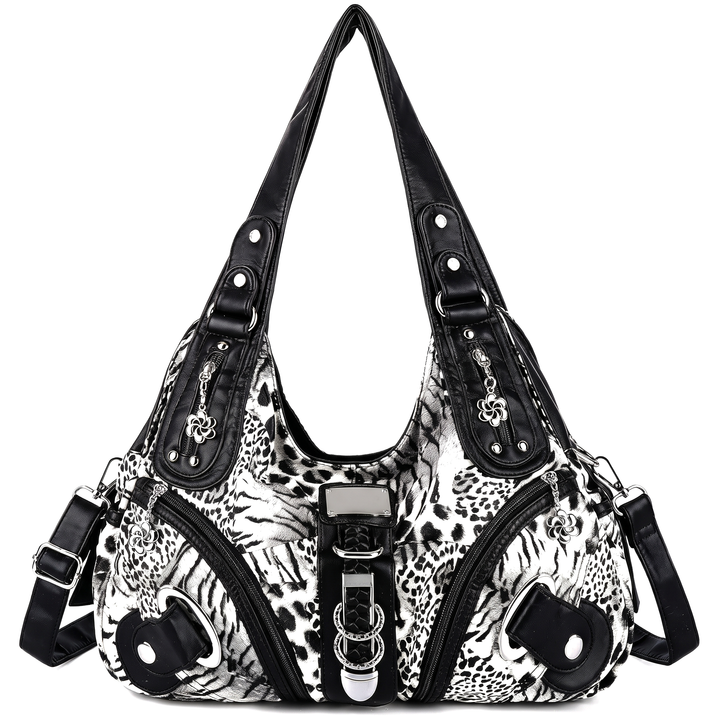 Women's Animal Print Vegan Leather Hobo Bag, Taupe Leopard Multi Pocket Crossbody Bag — Black Leopard