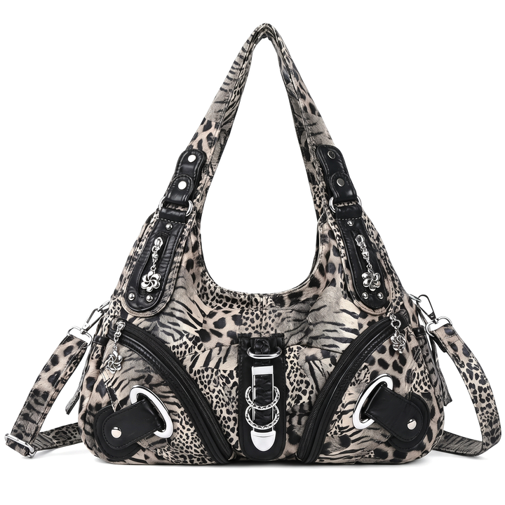 Women's Animal Print Vegan Leather Hobo Bag, Taupe Leopard Multi Pocket Crossbody Bag — Grey Leopard