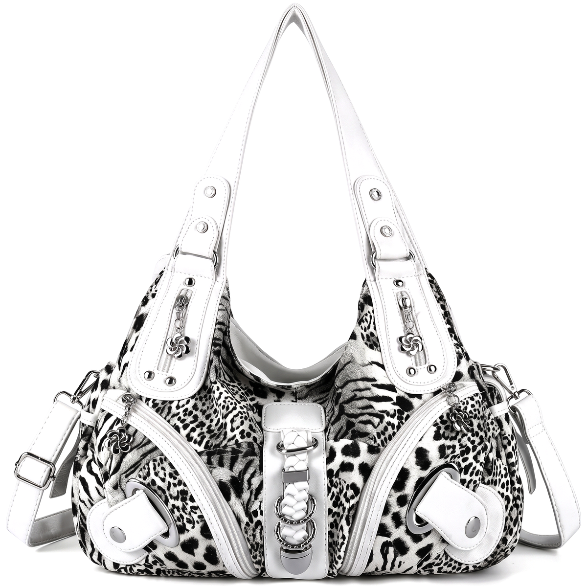 Women's Animal Print Vegan Leather Hobo Bag in White Leopard