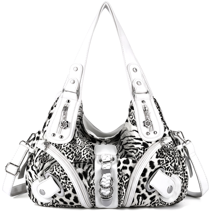Women's Animal Print Vegan Leather Hobo Bag, Taupe Leopard Multi Pocket Crossbody Bag — White Leopard