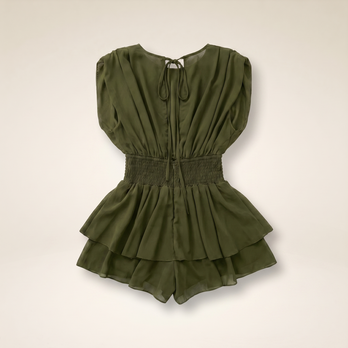 Sunoire womens backless ruffle hem skorts romper elegant tie back shirred pleated jumpsuit colorway army green garment flatlay 01
