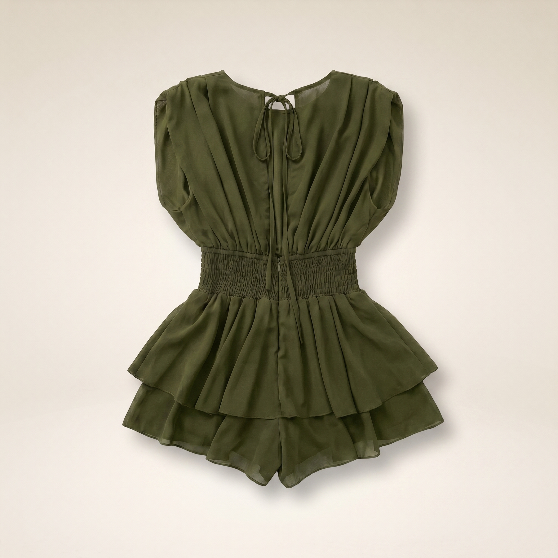 Sunoire womens backless ruffle hem skorts romper elegant tie back shirred pleated jumpsuit colorway army green garment flatlay 01