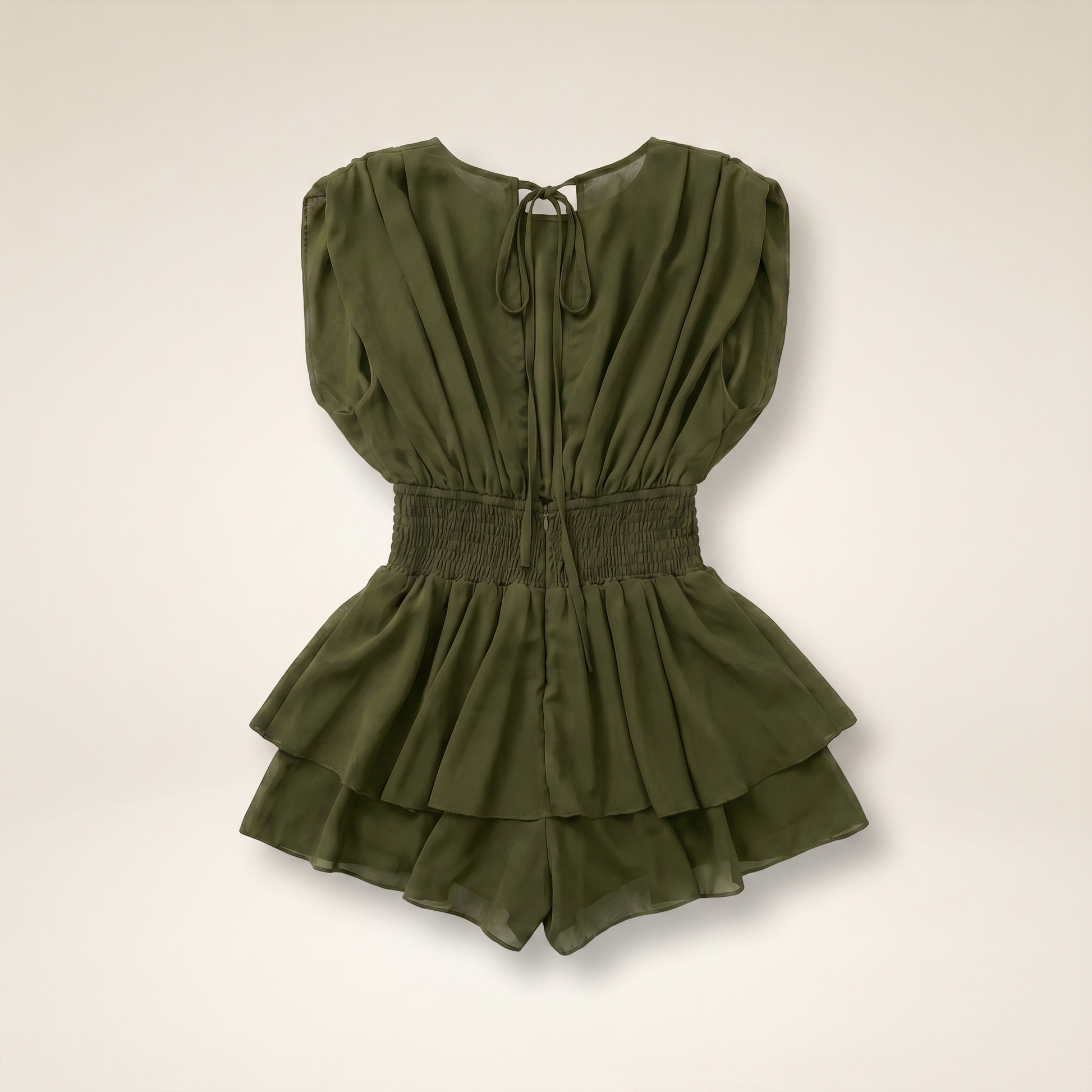 Sunoire womens backless ruffle hem skorts romper elegant tie back shirred pleated jumpsuit colorway army green garment flatlay 01