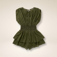 Sunoire womens backless ruffle hem skorts romper elegant tie back shirred pleated jumpsuit colorway army green garment flatlay 01