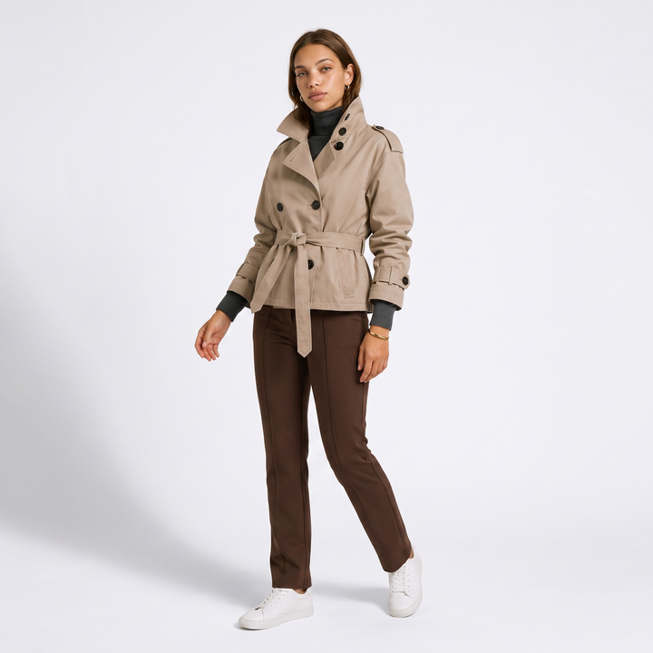 Sunoire womens belted cropped trench coat jacket front hero 01