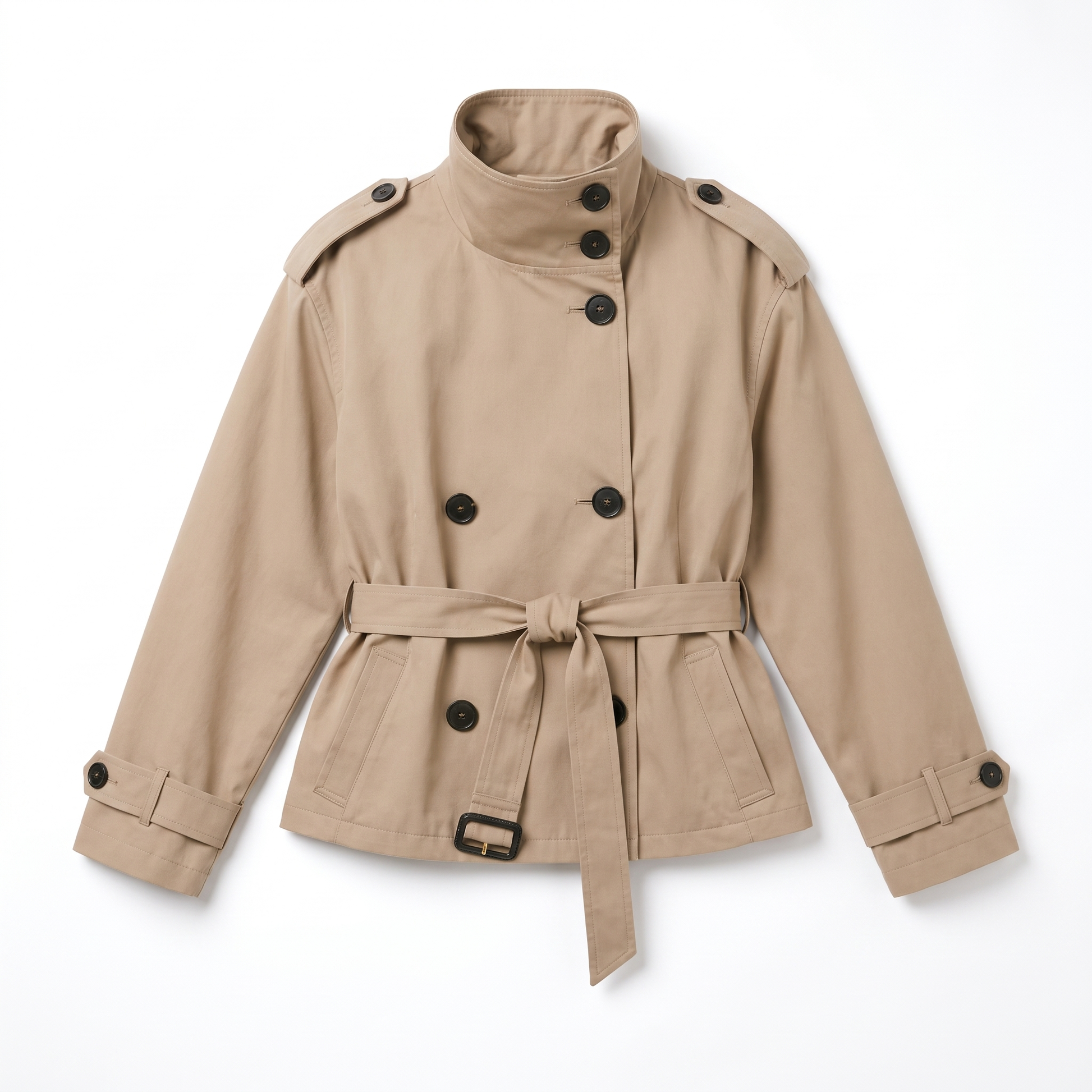 Sunoire womens belted cropped trench coat jacket garment flatlay 01
