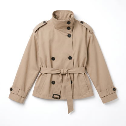 Sunoire womens belted cropped trench coat jacket garment flatlay 01