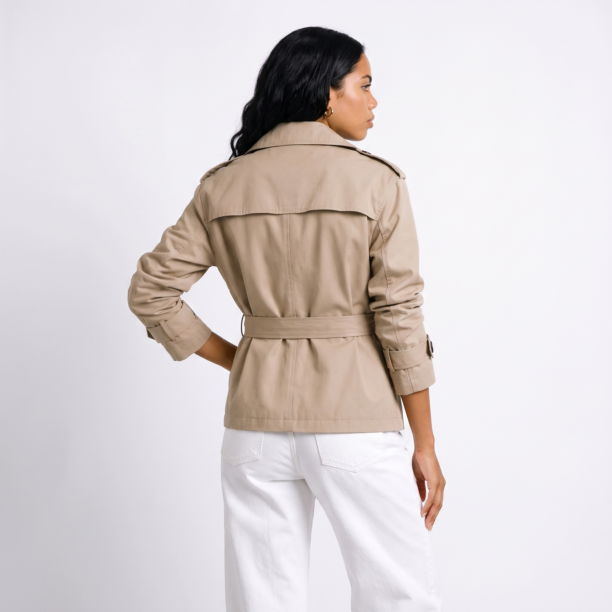 Sunoire womens belted cropped trench coat jacket top back crop 01