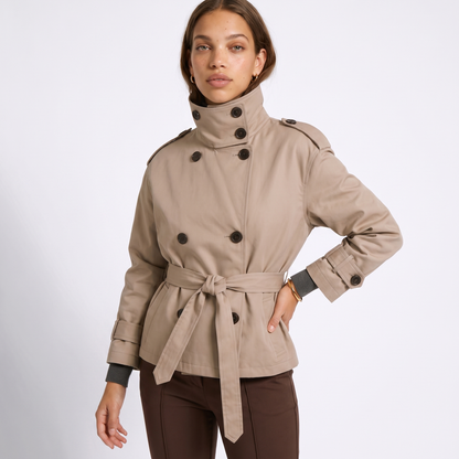 Sunoire womens belted cropped trench coat jacket top detail 01