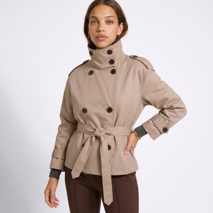 Sunoire womens belted cropped trench coat jacket top detail 01