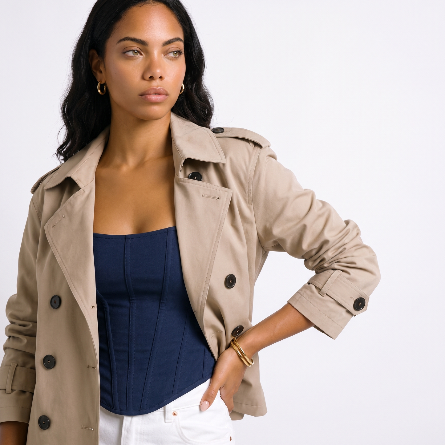 Sunoire womens belted cropped trench coat jacket top detail 01