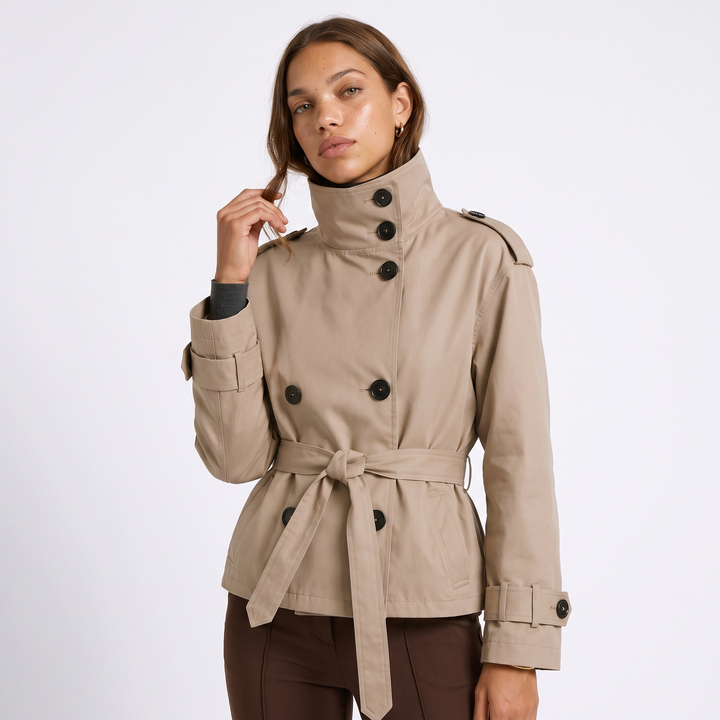 Sunoire womens belted cropped trench coat jacket top front crop 01