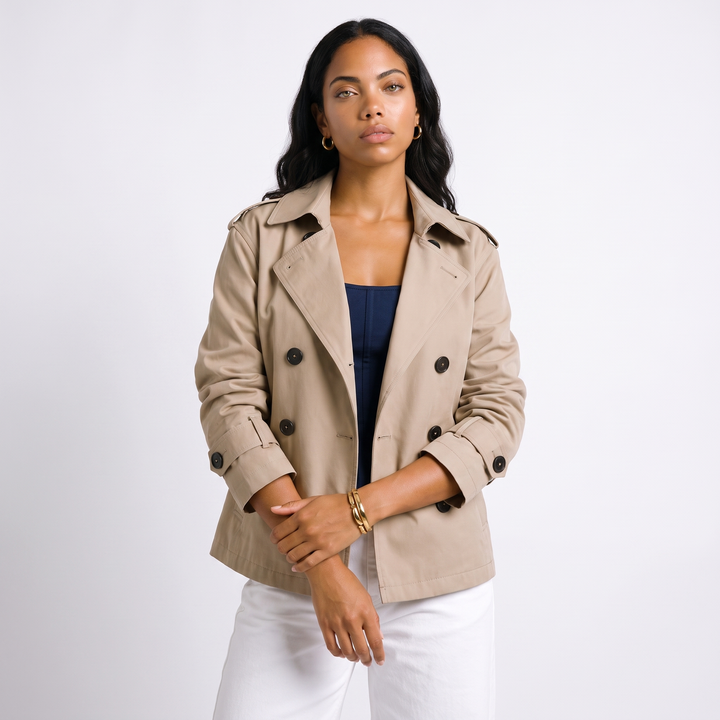 Sunoire womens belted cropped trench coat jacket top front crop 01