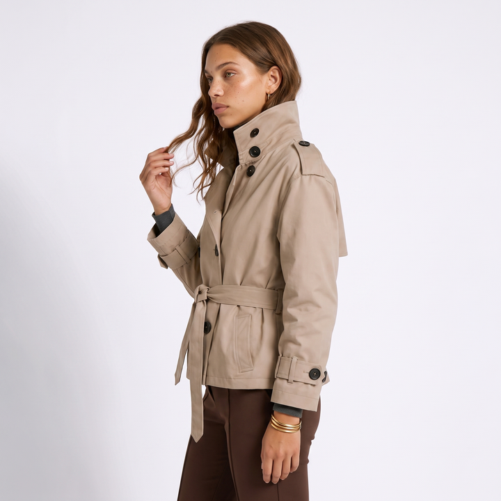 Sunoire womens belted cropped trench coat jacket top side crop 01