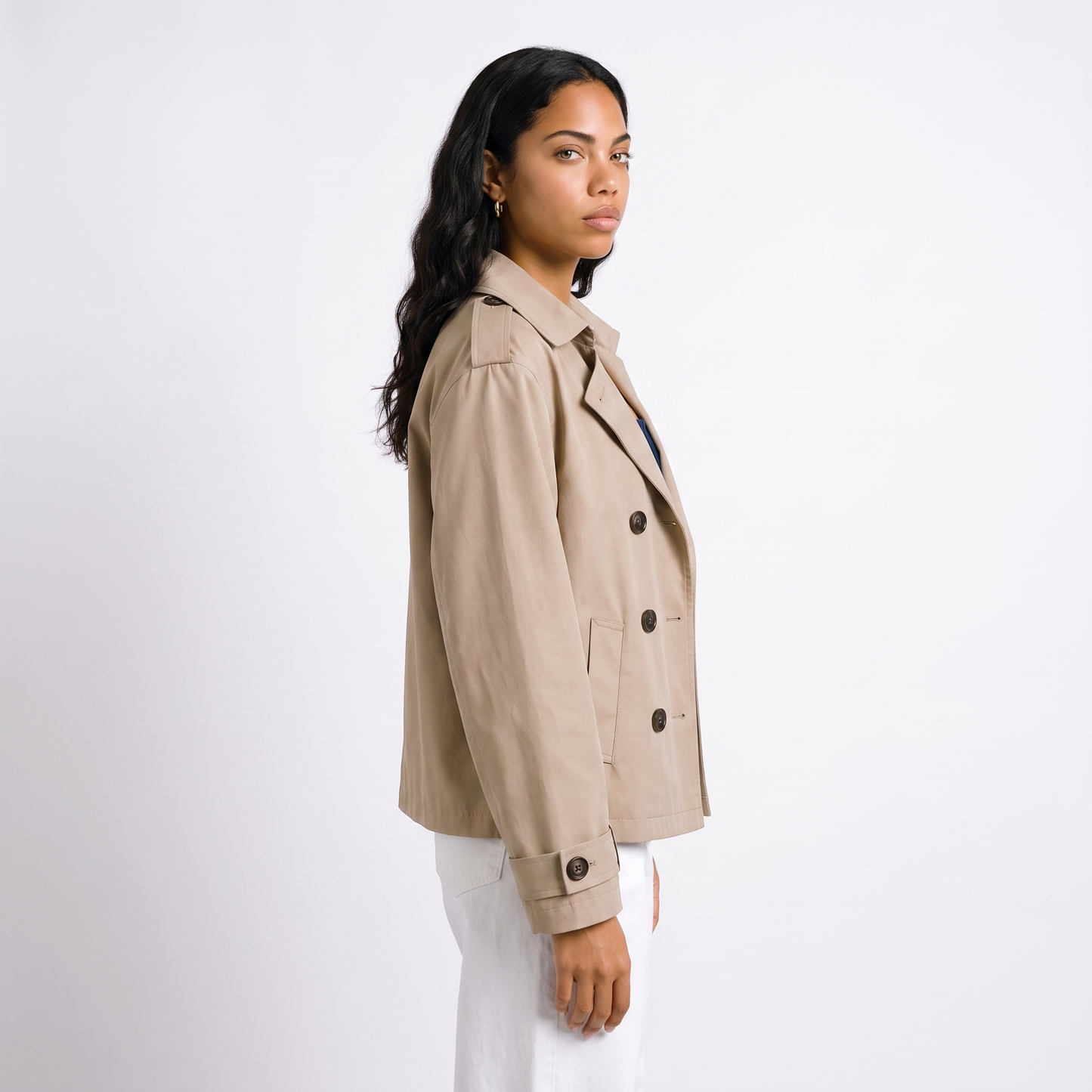 Sunoire womens belted cropped trench coat jacket top side crop 01