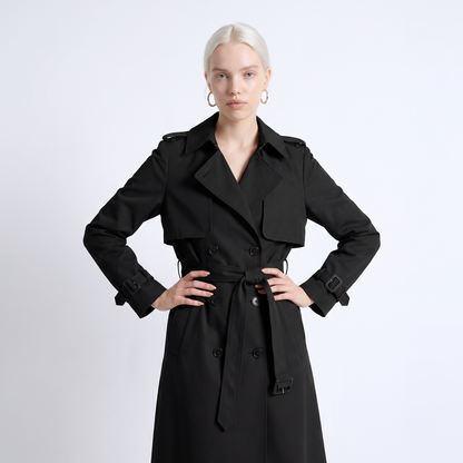 Sunoire womens belted double breasted trench coat colorway black front crop 01