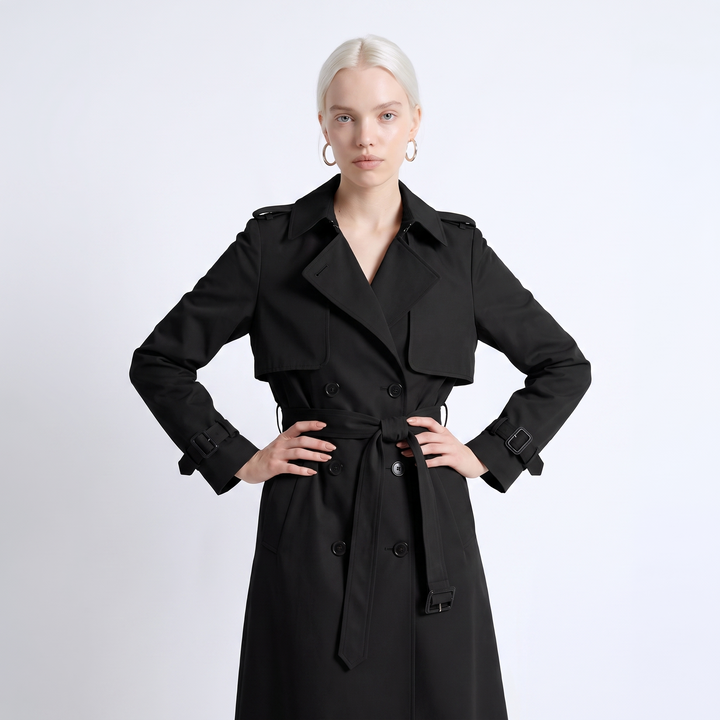 Trench Coat – Womens Belted Double-Breasted Coat — Black