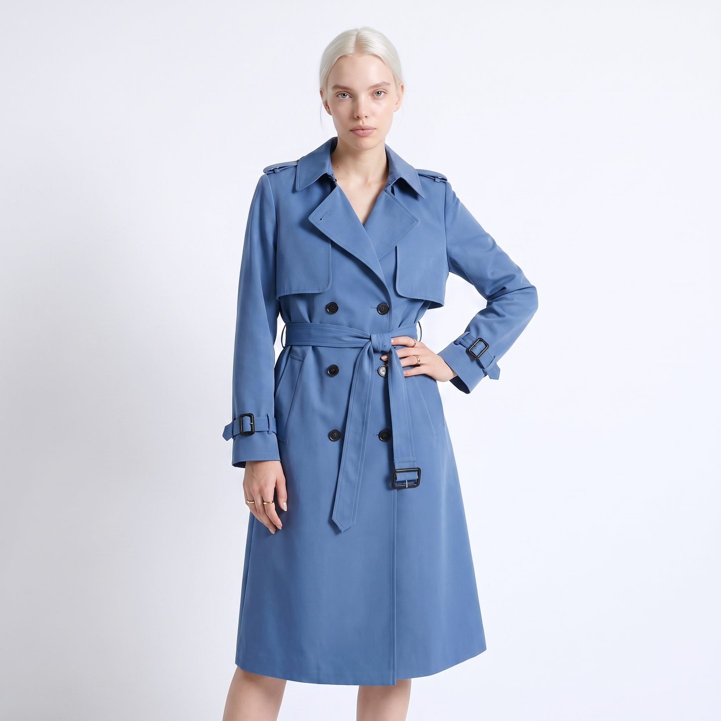 Sunoire womens belted double breasted trench coat colorway blue front crop 01