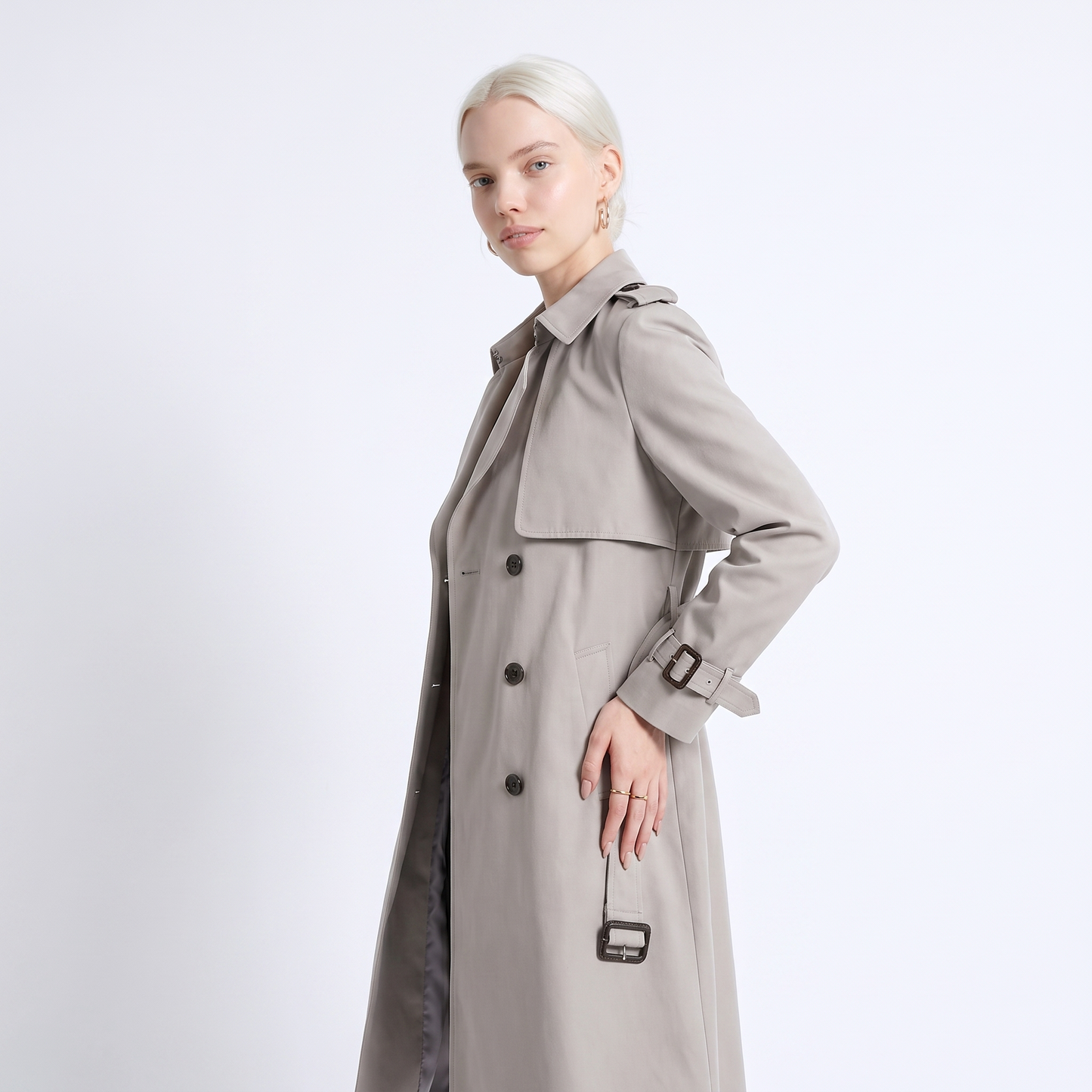 Sunoire womens belted double breasted trench coat colorway grey front crop 01
