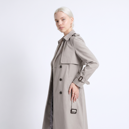 Sunoire womens belted double breasted trench coat colorway grey front crop 01