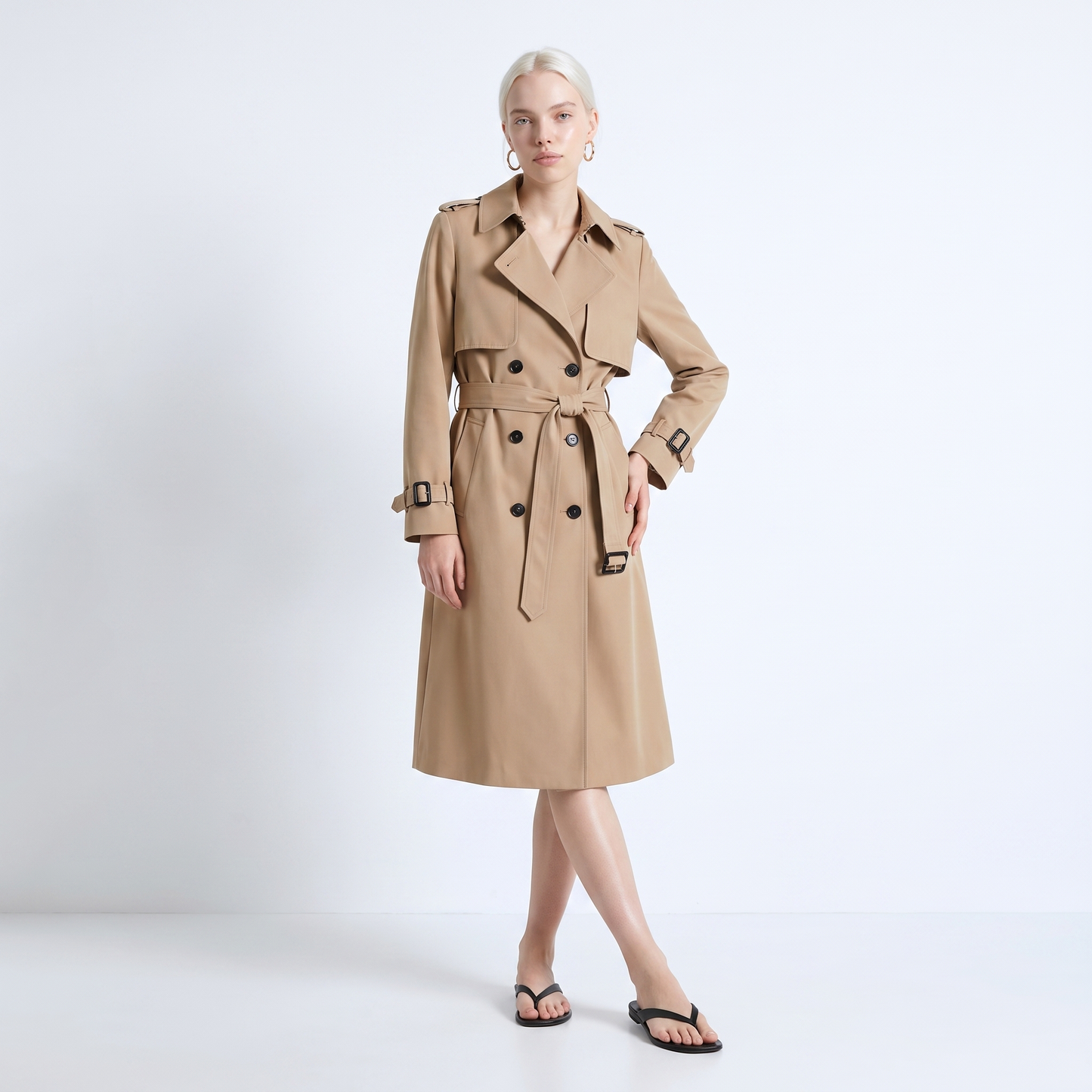 Sunoire womens belted double breasted trench coat front hero 01