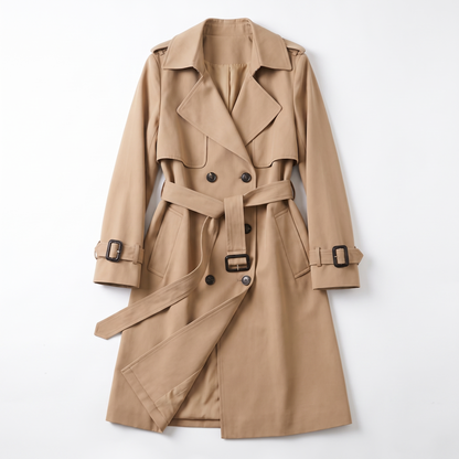 Sunoire womens belted double breasted trench coat garment flatlay 01