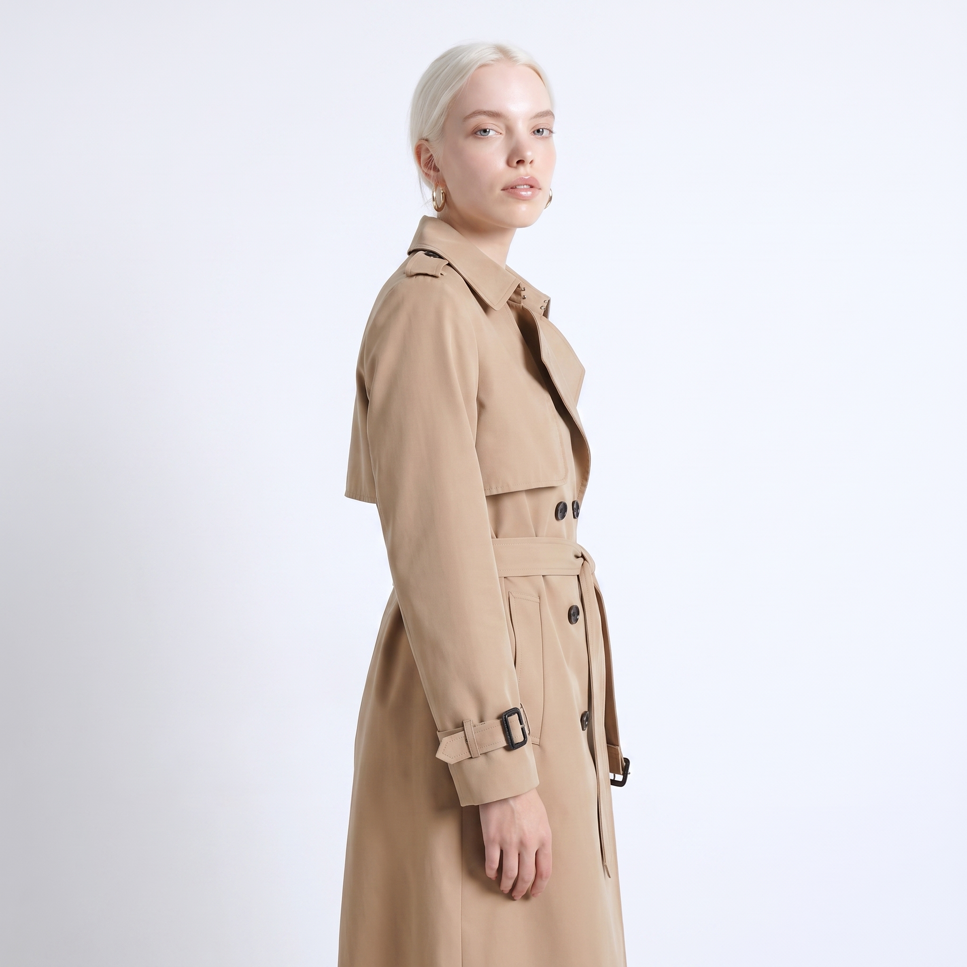 Sunoire womens belted double breasted trench coat top crop 3q 01