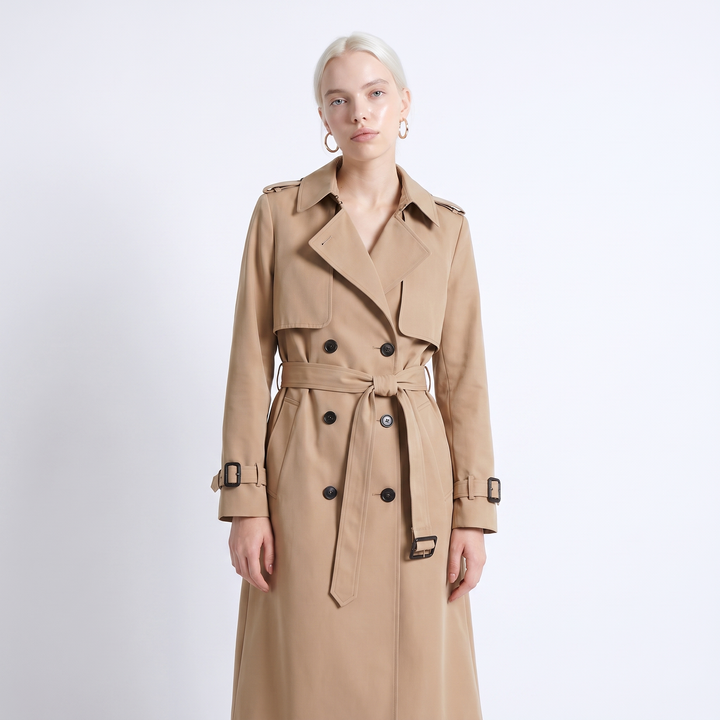 Sunoire womens belted double breasted trench coat top front crop 01