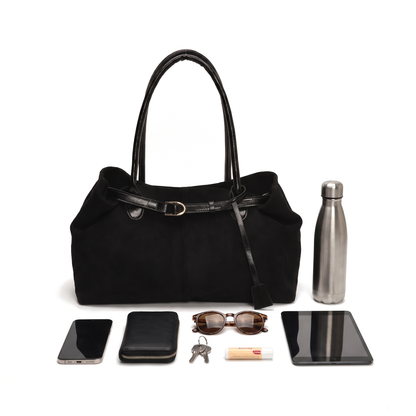 Women's Belted Faux Suede Shoulder Bag, what fits inside