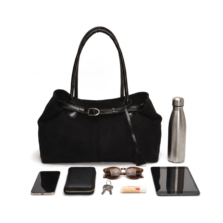 Women's Belted Faux Suede Shoulder Bag, what fits inside