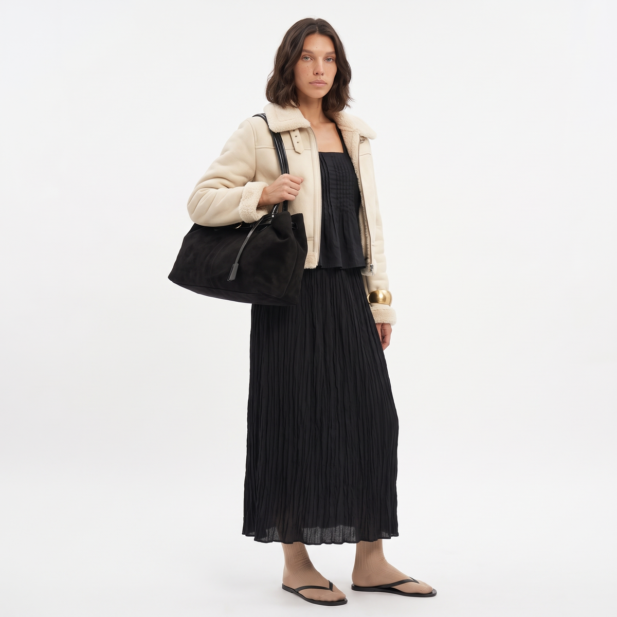 Women's Belted Faux Suede Shoulder Bag, worn by a model