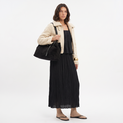Women's Belted Faux Suede Shoulder Bag, worn by a model