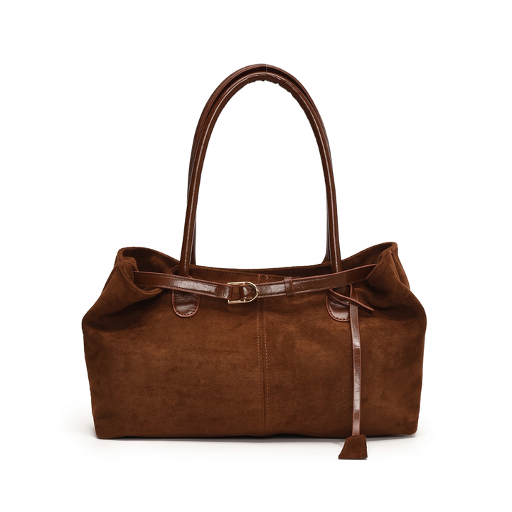 Women's Slouchy Faux Suede Shoulder Bag, Black Belted Everyday Bag — Brown