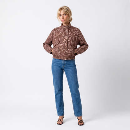 Sunoire womens brown polka dot cropped bomber jacket with high neck front hero 01
