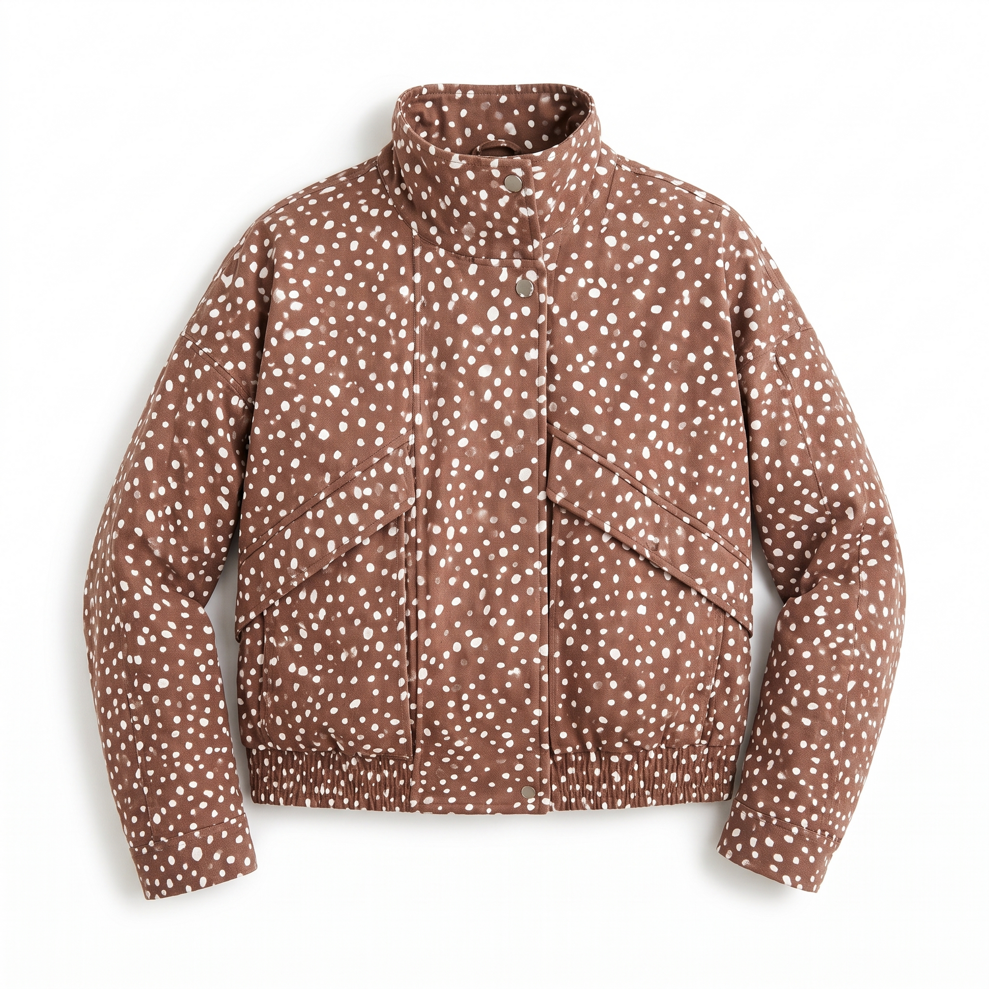 Sunoire womens brown polka dot cropped bomber jacket with high neck garment flatlay 01
