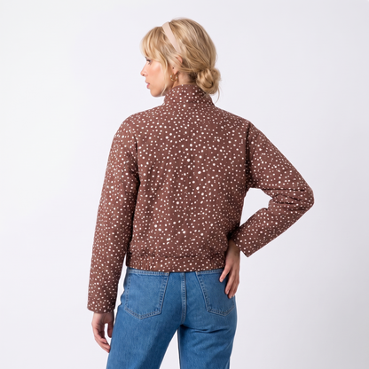 Sunoire womens brown polka dot cropped bomber jacket with high neck top back crop 01