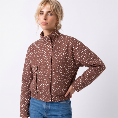 Sunoire womens brown polka dot cropped bomber jacket with high neck top detail 01