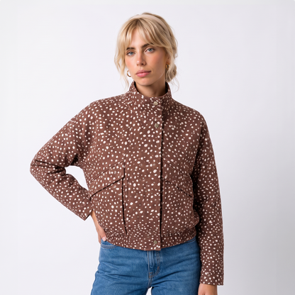 Sunoire womens brown polka dot cropped bomber jacket with high neck top front crop 01