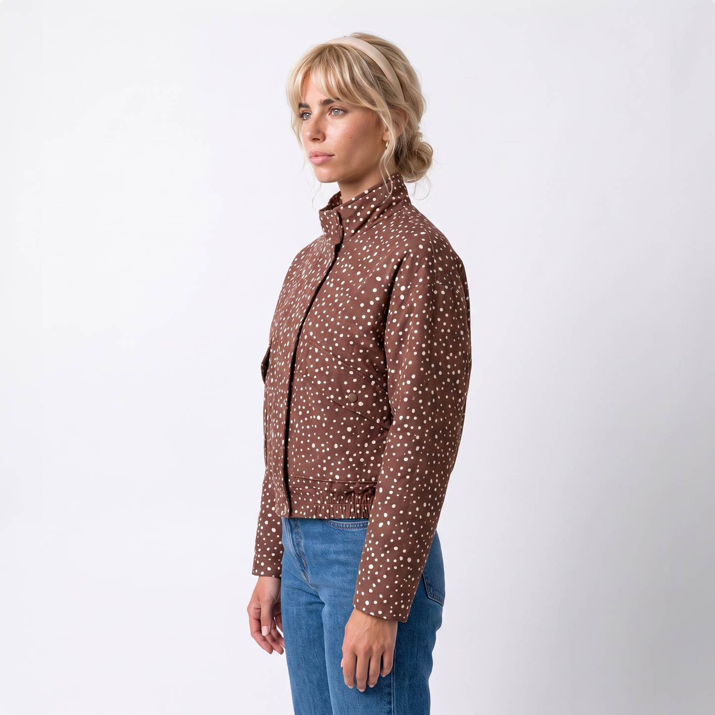 Sunoire womens brown polka dot cropped bomber jacket with high neck top side crop 01