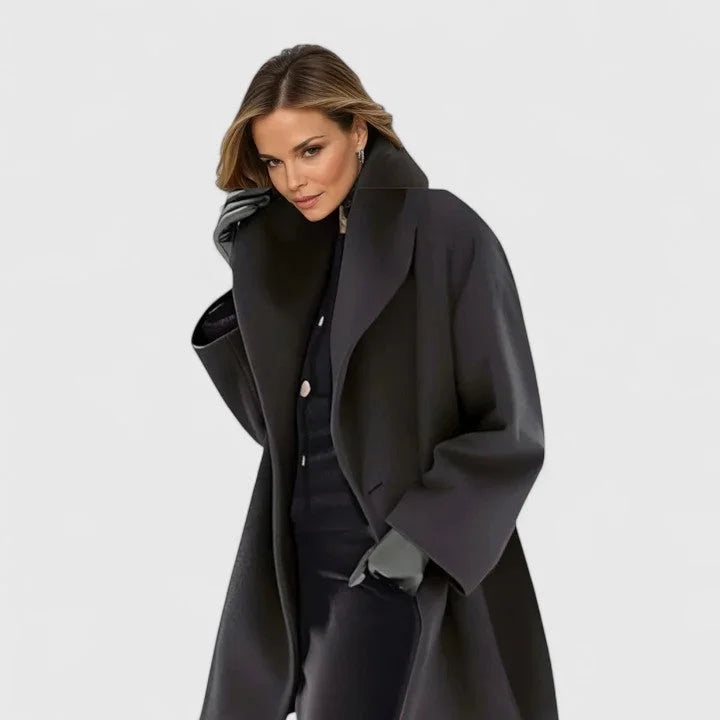 Women's button-front shawl collar wool coat with wide in Black