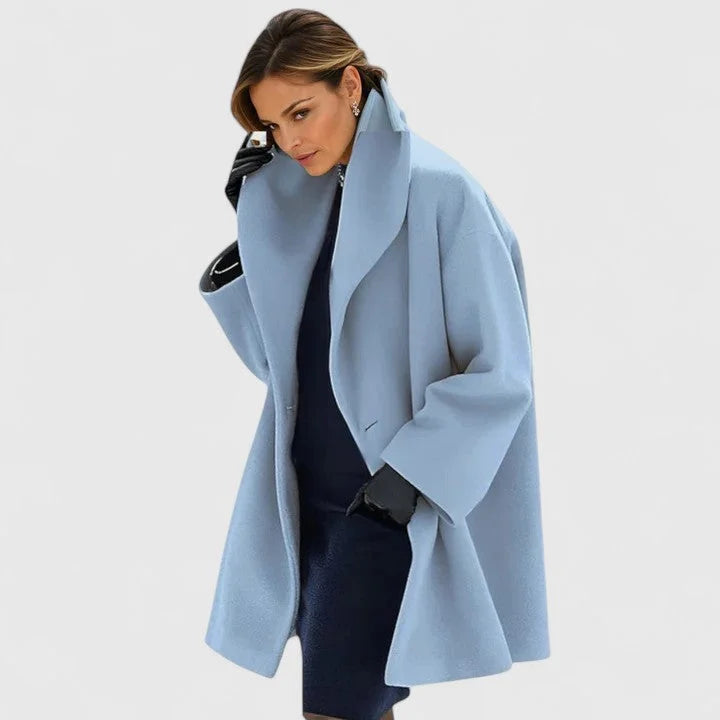 Women's button-front shawl collar wool coat with wide in Blue